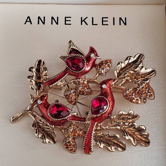 Anne Klein Birds‎ on a Branch Brooch Gold Tone Red Clear and Gold Crystals NWT - Picture 1 of 6